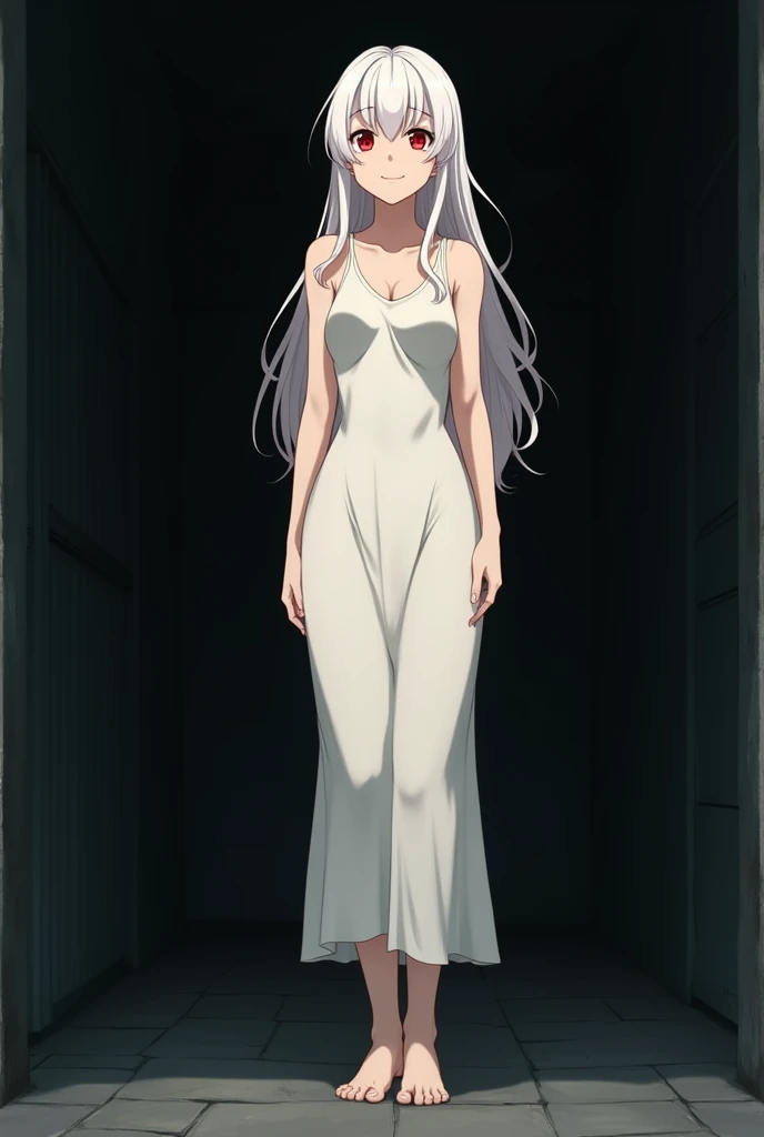 The image is in the style of a Ghibli studio anime., although somewhat gloomy and adult, It features a 20-year-old albino adult woman.. She is standing in front of a black wall, She has long hair and red eyes. He appears happy with a smile. She has a white dress that reaches her knees.. strong thighs.