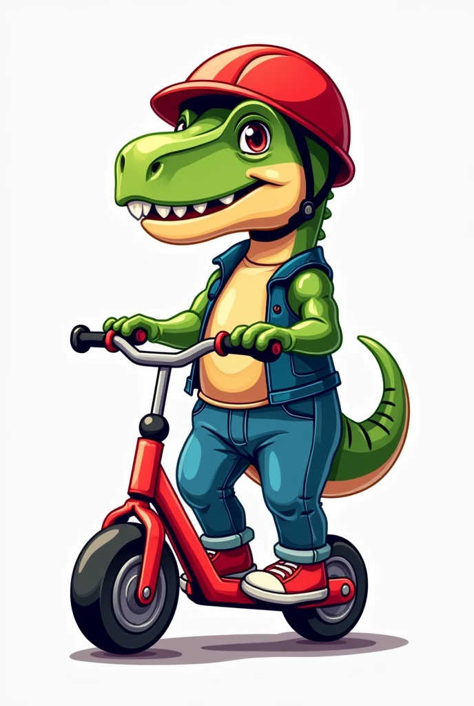 a logo sport, a dinosaur T-rex red wearing a helmet, a jean, a shoes riding on a balance bikeand  relaxing its legs with so cool



