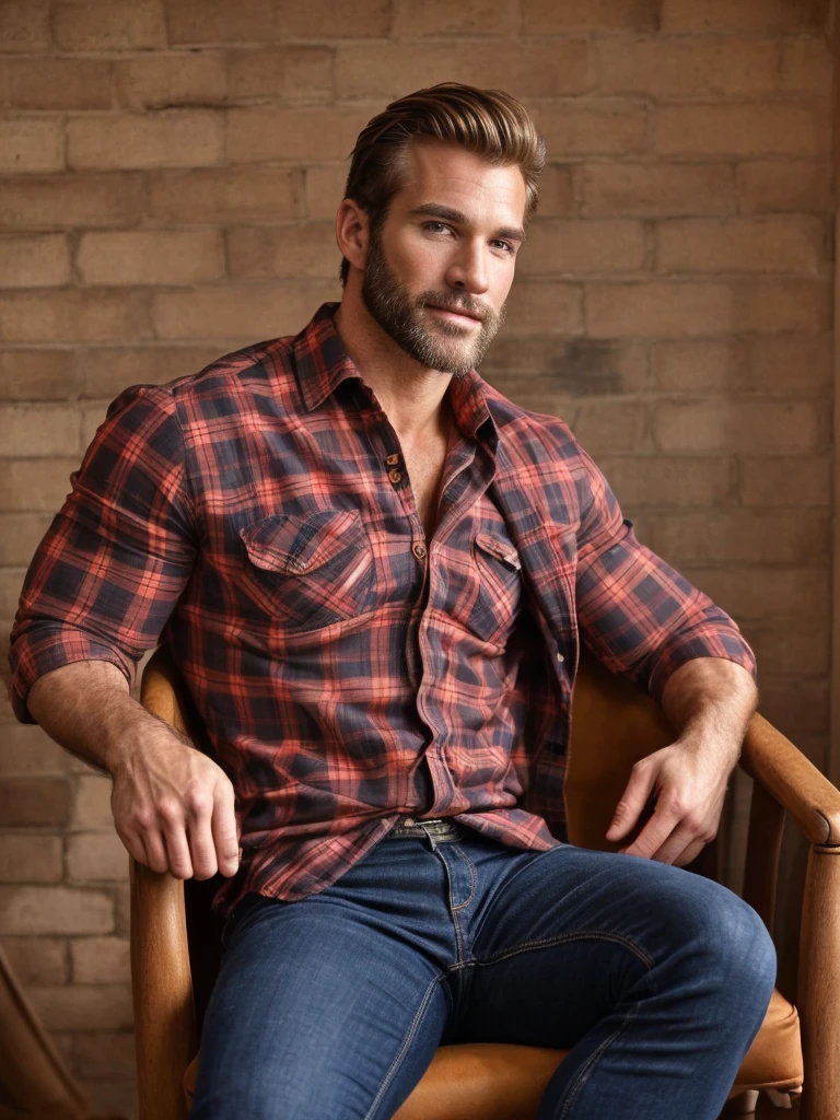 hair, portrait of a ruggedly handsome paladin, muscular, half body, masculine, mature, Retrato de un joven, Muscular very handsome and attractive spanis men, A 40 years old male, Retrato de un joven, Muscular, real, office outfit, sit in a chair, plaid shirt