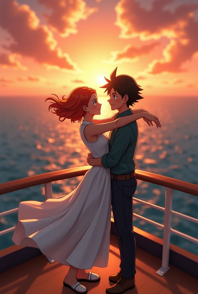 Make Ash and Misty from Pokemon doing the Titanic scene.
Make misty with her short hair . Make Misty open her arms enjoying the view while Ash hugs her from behind