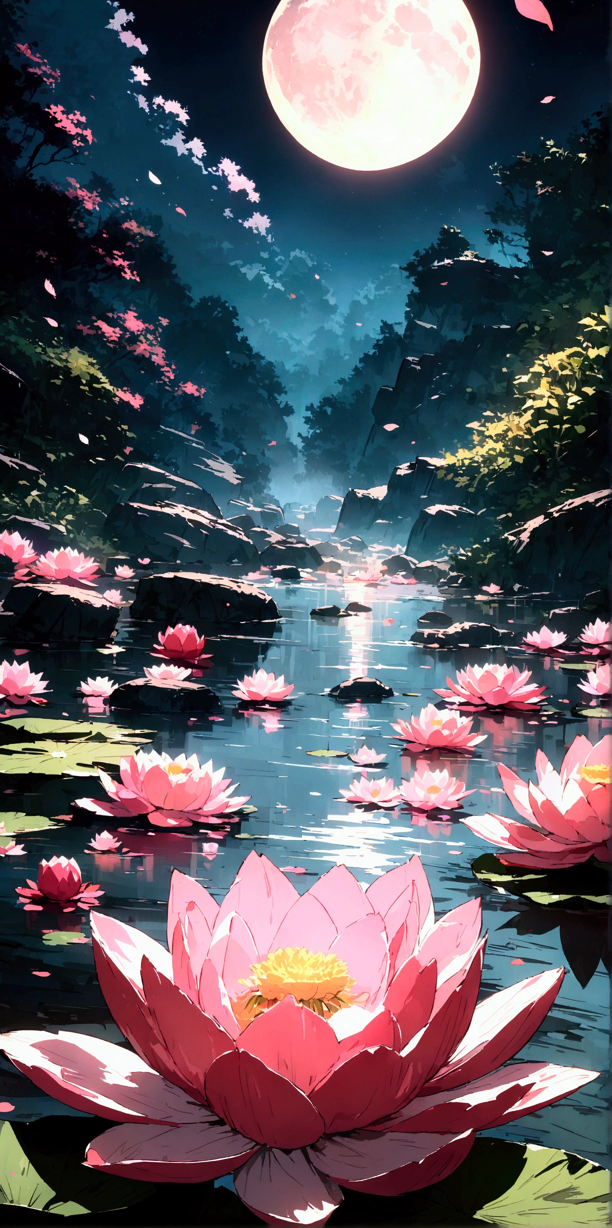 cinematic, (work of art), (best qualityer), (ultra detali), very aesthetic, illustration, perfect composition, intrikate details, absurderes, (アニメ, work of art, intrikate:1.3), (best qualityer, Hire textures, high détail:1.2), (4K),(incredibily detailed:1.4)SSS,
underground dispersal,
falling moon, exact moment the moon touches the ground, hot spring, mist, stones, peony, glittery mist, moonlights, sky, lots of stars in the sky, water reflections of the night sky, lotus floating on water with candle, flower petals in water, moon in the sky, Estilo de arte アニメ,