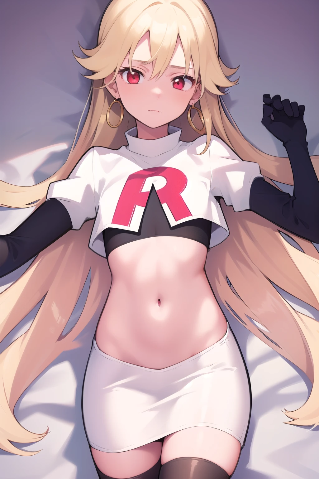 best quality, (masterpiece:1.2), illustration, absurdres,
(1girl, solo), (beautiful detailed girl), (cowboy shot),,
Roselia Millstein, blond hair, very long hair, red eyes, flat chest,
earrings, team rocket,team rocket uniform,white skirt,red letter R,crop top,black thigh-highs,black elbow gloves,