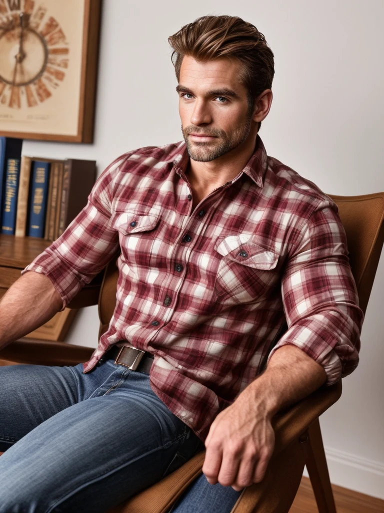 hair, portrait of a ruggedly handsome paladin, muscular, half body, masculine, mature, Retrato de un joven, Muscular very handsome and attractive spanis men, A 40 years old male, Retrato de un joven, Muscular, real, office outfit, sit in a chair, plaid shirt