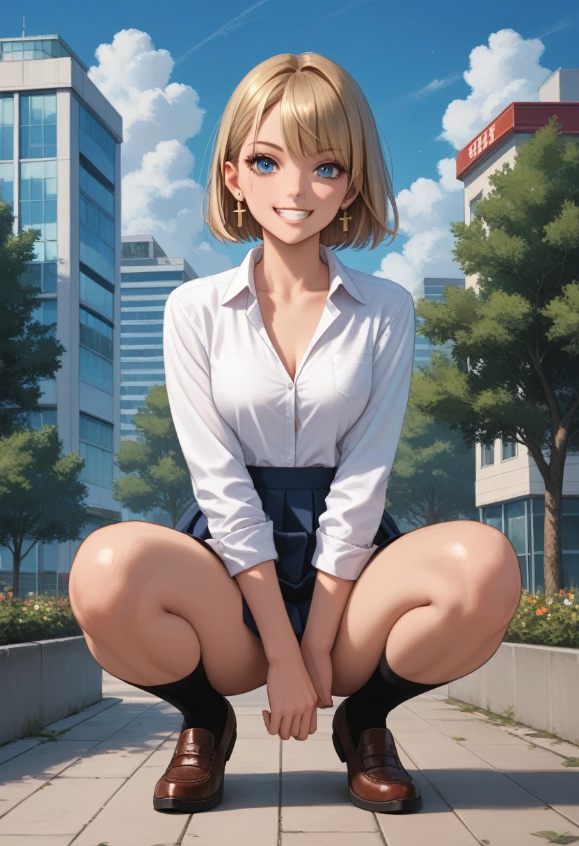 masterpiece,beautiful,detailed,best quality, expressive eyes, perfect face,Hands-On-Waist,((full_body)),sexy,schoolgirl,1girl, blonde_hair, jewelry, earrings, solo, blue_eyes, smile, looking_at_viewer, short_hair, jacket, outdoors, school_uniform, star_earrings, shirt, cross_earrings, collared_shirt,crouching,pantyshot, tree, white_shirt, star_(symbol), bangs, building, grin, BREAK score_9, score_8_up, score_7_up, , source_cartoon, rating_explicit