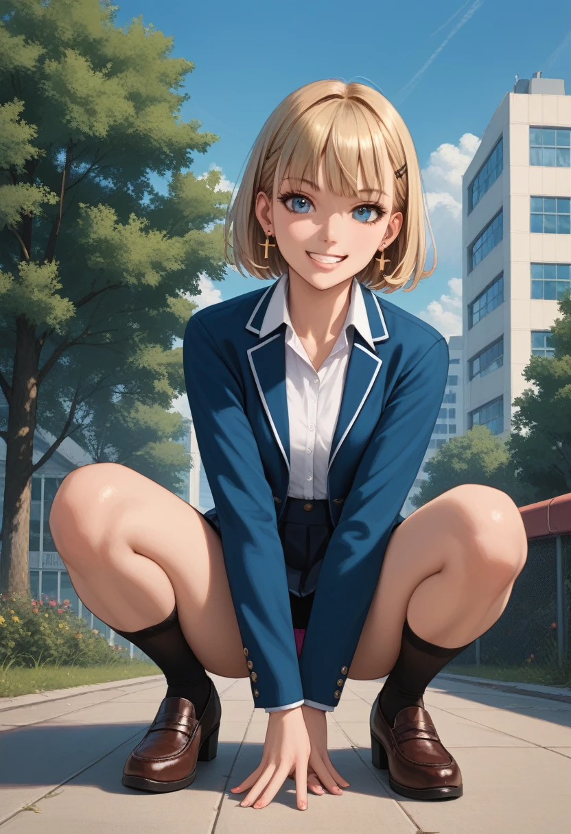 masterpiece,beautiful,detailed,best quality, expressive eyes, perfect face,Hands-On-Waist,((full_body)),sexy,schoolgirl,1girl, blonde_hair, jewelry, earrings, solo, blue_eyes, smile, looking_at_viewer, short_hair, jacket, outdoors, school_uniform, star_earrings, shirt, cross_earrings, collared_shirt,crouching,pantyshot, tree, white_shirt, star_(symbol), bangs, building, grin, BREAK score_9, score_8_up, score_7_up, , source_cartoon, rating_explicit
