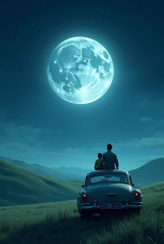 super moon in night landscape with grass and a car and a man and his son on top of the car