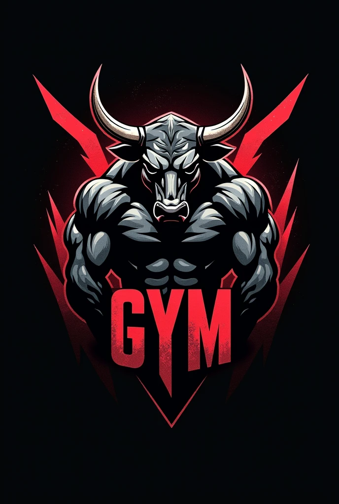 Design a powerful and dynamic logo for a gym brand featuring a strong, muscular bull as the central figure, symbolizing strength, power, and determination. The bull should have well-defined muscles, with a stance that conveys energy and dominance, embodying the essence of fitness and strength training. Use sharp, angular lines to emphasize the bull's muscular build and add a sense of intensity. Incorporate bold, dark tones like black, deep red, or metallic gray to create a fierce and commanding presence. The logo should include the word 'GYM' in a bold, modern font that complements the aggressive and energetic vibe of the design