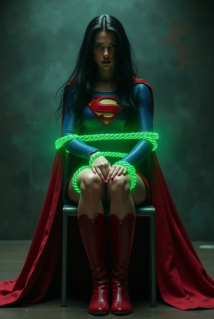 A PERIL BONDAGE SCENE WHERE A HOT SUPERGIRL WITH LONG BLACK HAIR WEARING HER ICONIC SUPERGIRL OUTFIT AND CAPE, HER HANDS, FEET AND WASTE TIED UP WITH GLOWING GREEN KRYPTONITE ROPE IN A METAL CHAIR, A BALL GAGG COVERS HER MOUTH, COMPLETELY HELPLESS IN A PITCH BLACK ROOM. INCREDIBLE DETAILS, HYPER DETAILED IN 8K RESOLUTION