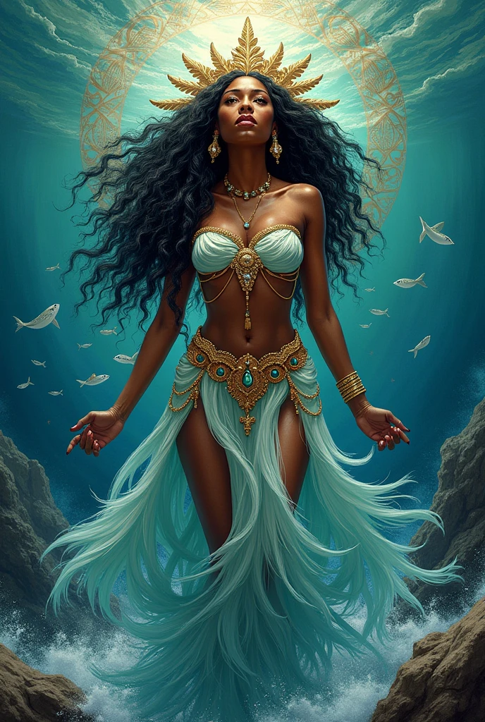 Drawing of Yemanja as a full-body goddess, Showing legs. With characteristics of orixá