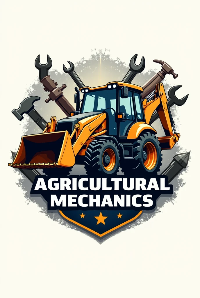 Create a logo brand with the words JM Agricultural Mechanics With elements such as backhoe and tools 