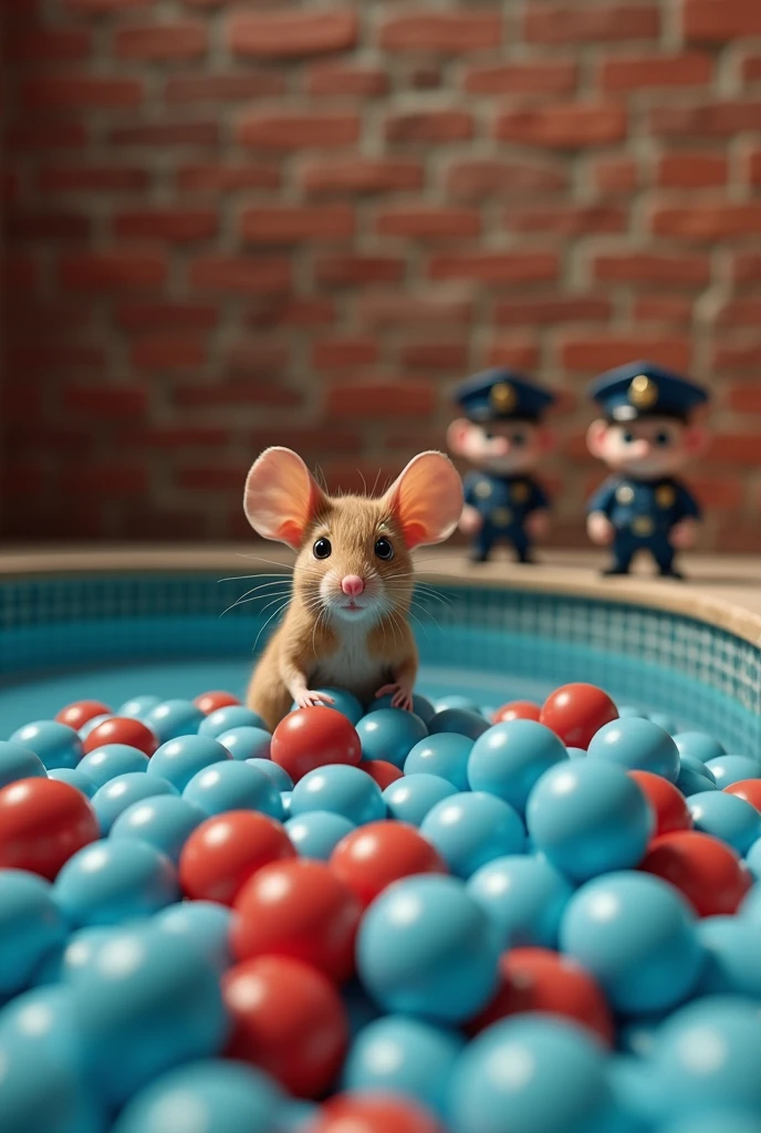 "A room with brick walls and inside the room is a swimming pool. The swimming pool is filled with small blue and red balls. On top of the balls, there is a mouse looking directly at me. In one corner of the swimming pool, there are two small cartoon-sized police officers wearing uniforms and caps, standing and looking realistic."