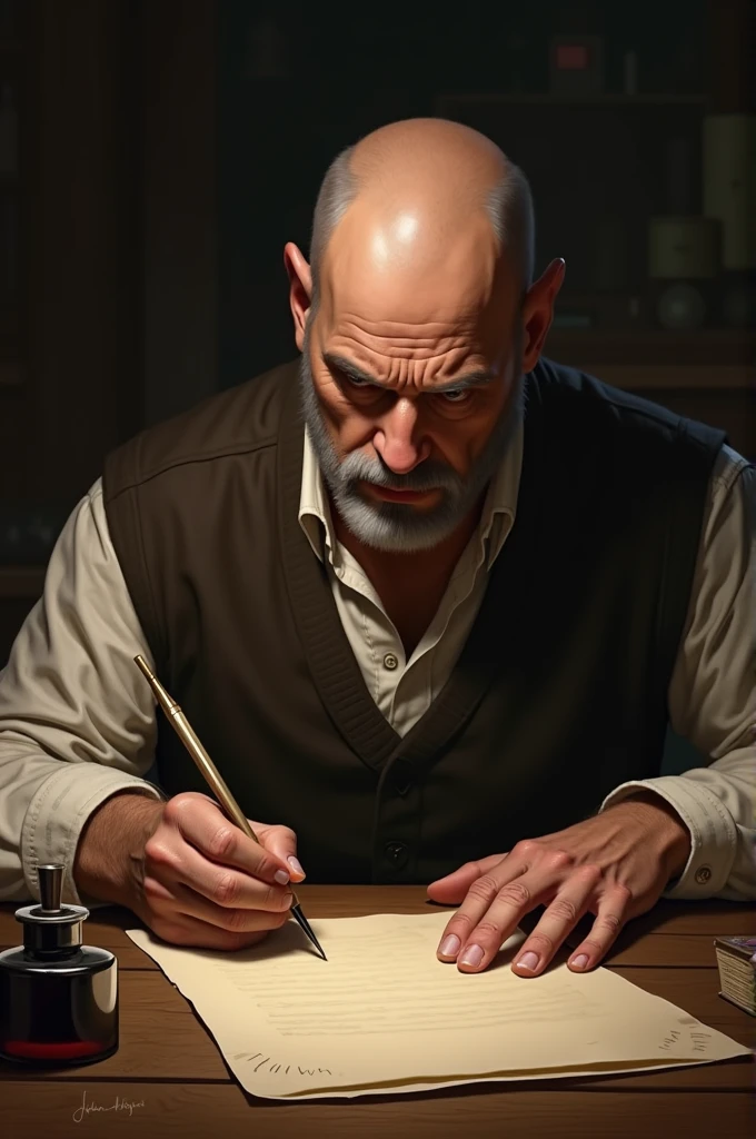 Bald man in writing 

