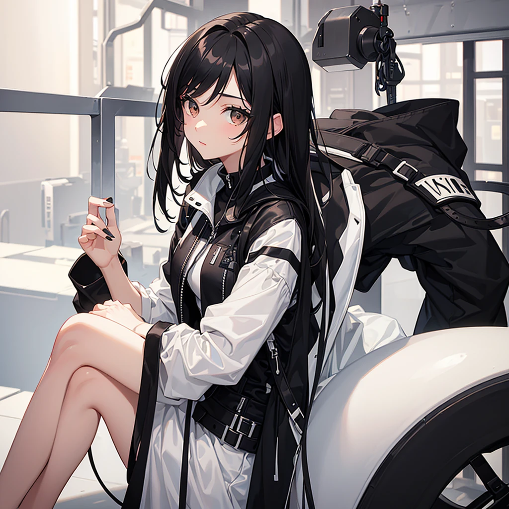 A beautiful  girl with black hair, Brown eyes, black painted nails, black and white suit