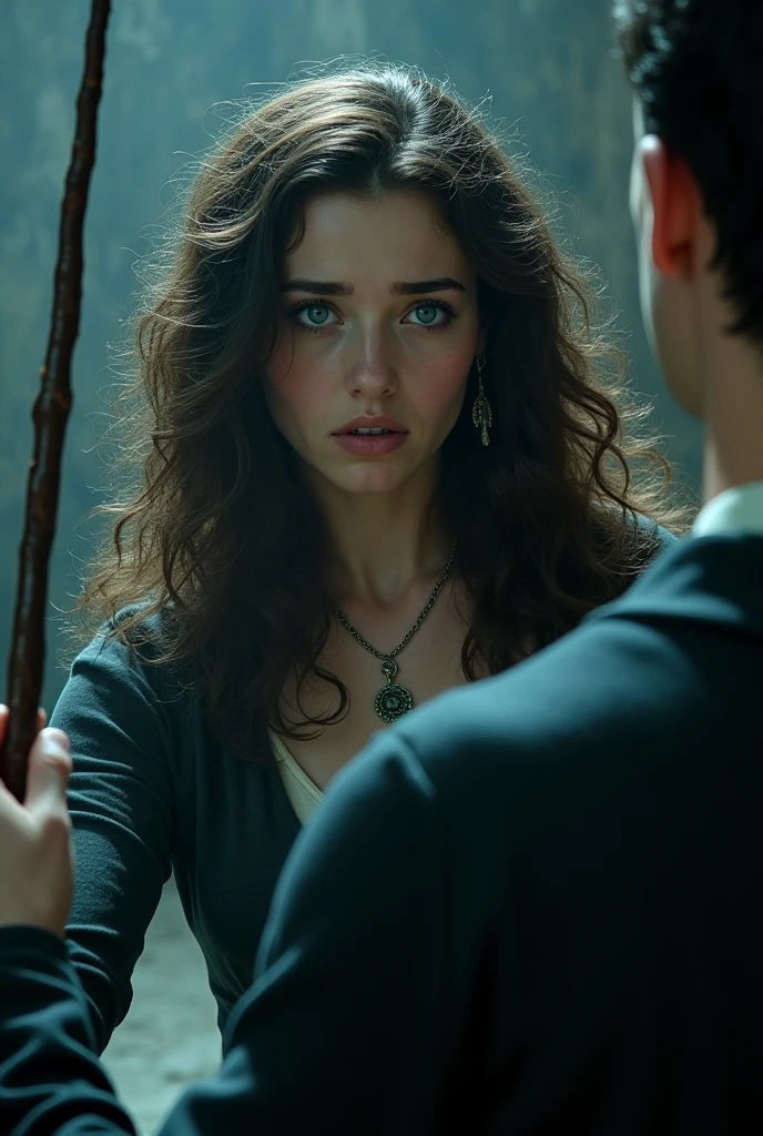 A woman with wavy dark brown hair and blue eyes pointing her wand at a man from behind, she was crying.