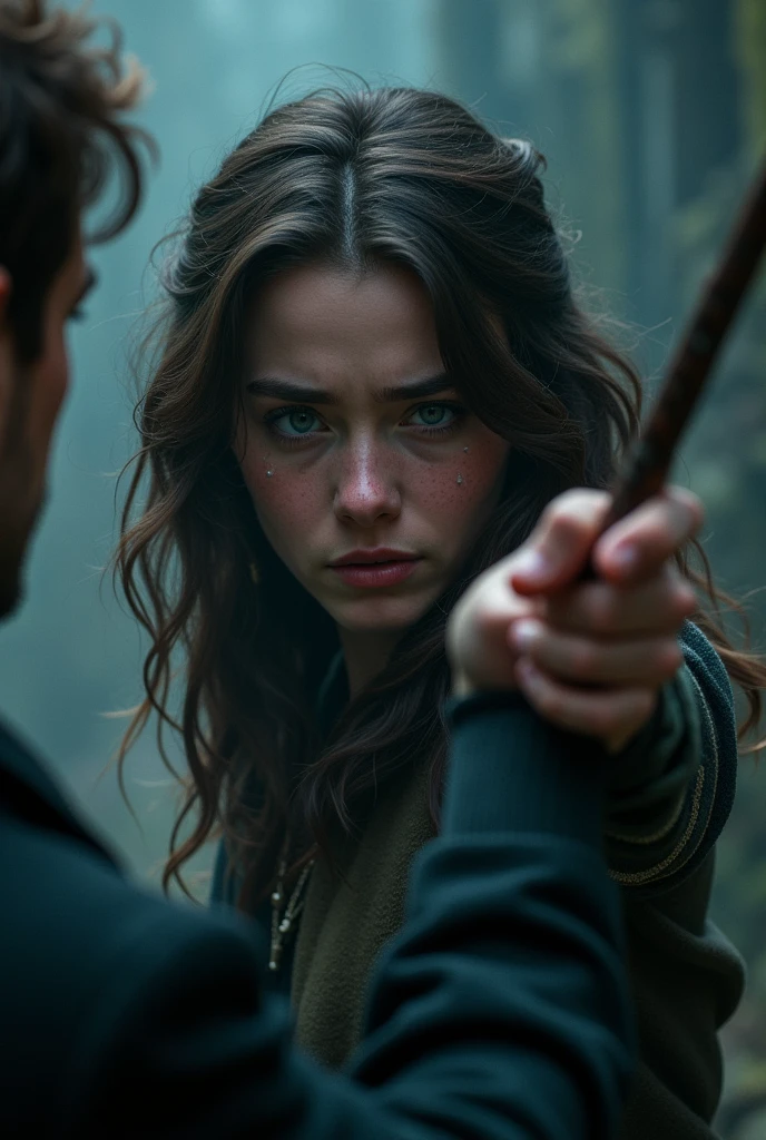 A woman with wavy dark brown hair and blue eyes pointing her wand at a man from behind, she was crying.