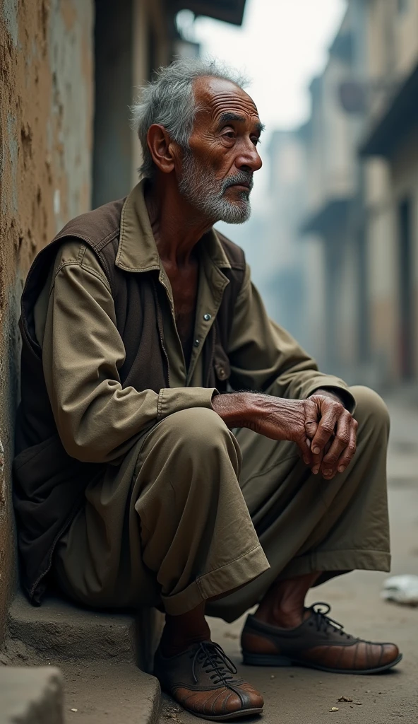A very poor and old man is sitting waiting for someone