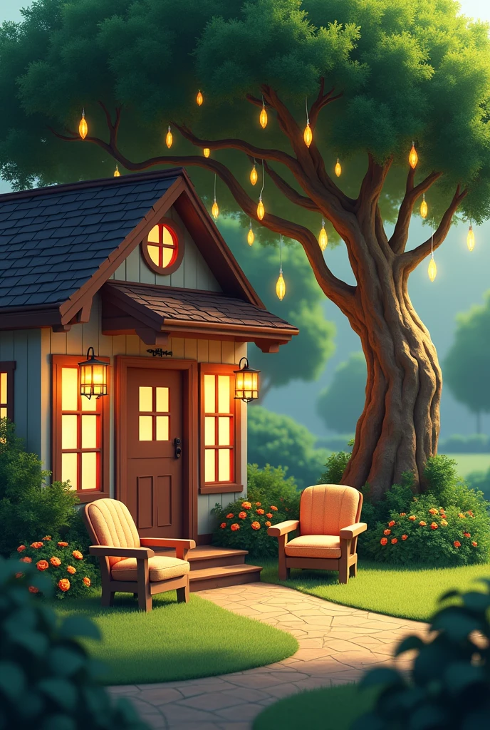The garden of a house, with two chairs, a tree and from its branches hang small yellow lights