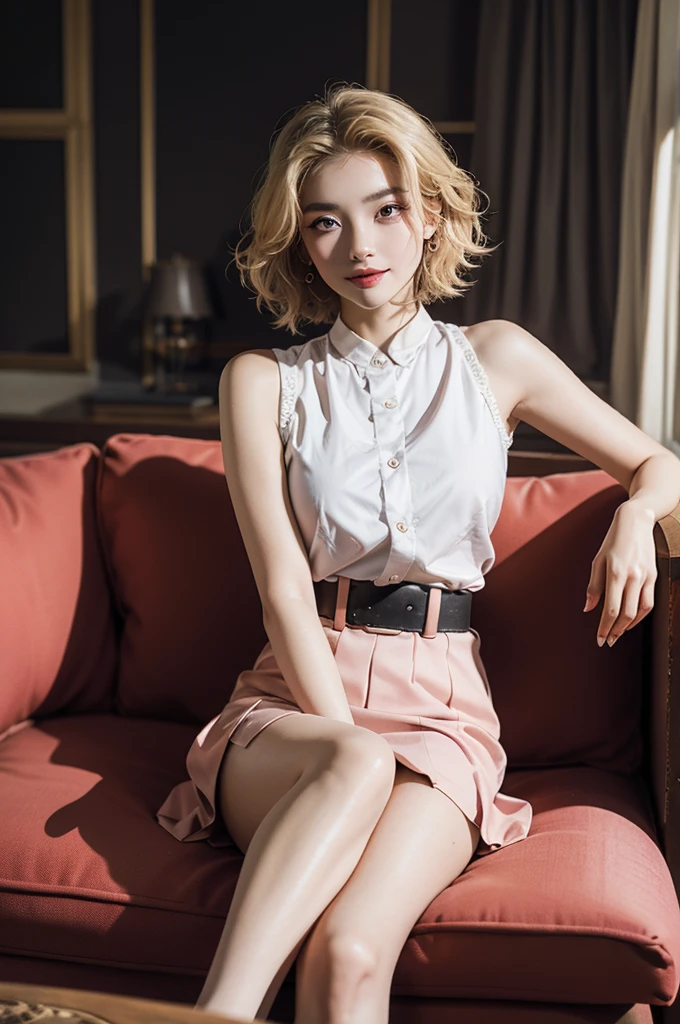 ((cowboy shot)), Shot from a random perspective, 19-year-old Japanese model, slim, Slimming the waist, curlies, White color blouse, cropped shoulders, Pink pleated skirt, high-waist, Nice belt, golden hair, warm lights, Warm tones Slender legs, Cross ed leg, inside in room, on a sofa, Sit Pose, posed for photo, posing elegantly, blonde hair, streaked hair, hair ornament, heart-shaped pupils, makeup, light smile, shy, licking lips, Romanticism, Social realism, clair obscur, motion blur, anaglyph, Sony FE GM, uhd, masterpiece, textured skin, super detail, best quality,Shooting from a knee-height angle,High pixel image quality that can express fine skin texture,