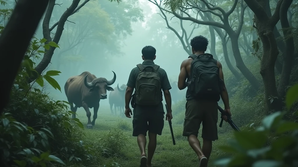 Two Indonesian hunters with guns run after a herd of buffalo in a strange forest, staring from behind. 8k  