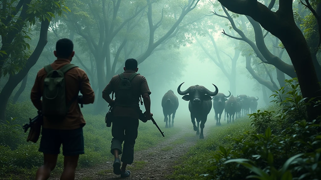 Two Indonesian hunters with guns run after a herd of buffalo in a strange forest, staring from behind. 8k