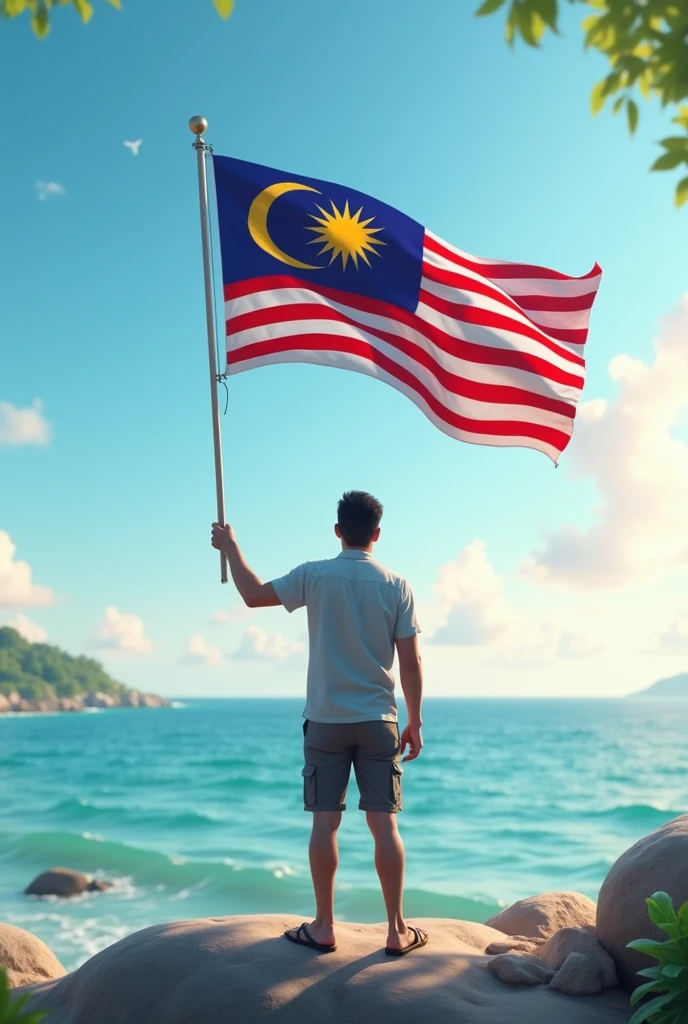 Create a cinematic photo of a person standing under the Petronas Towers, facing away from the camera, waving the Malaysian flag. The scene captures the spirit of National Day celebration."