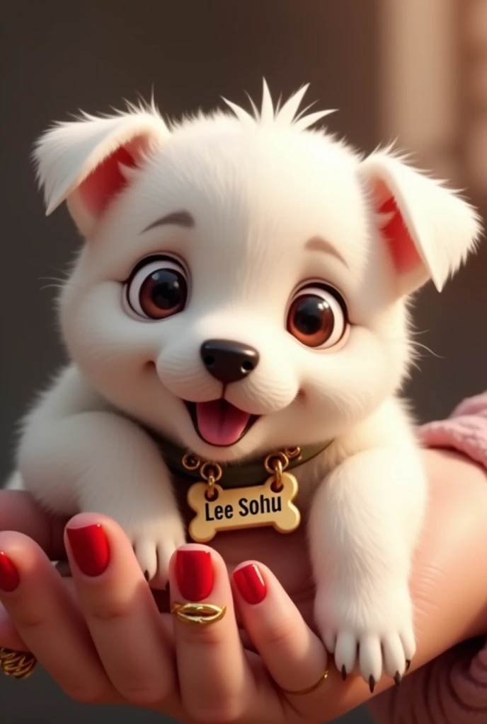 Create an image in the form of an animation, of a white puppy dog with Chinese eyes, with a bone necklace with Lee Sohu&#39;s name on it, the little dog lying on one hand with red painted nails and a gold ring on the index finger and one on the ring finger