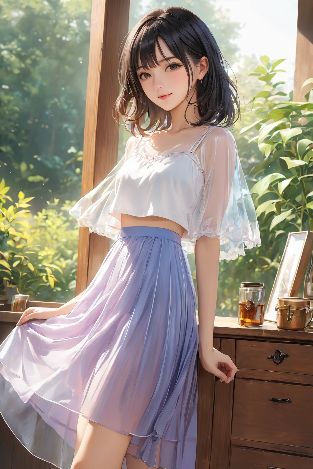 (masterpiece, best quality:1.5), (ultra detailed, high resolution, 8k, beautiful detailed, UHD, best anatomy), black hair, small breasts,1 japanse girl, Flared see-through long skirt, see-through crop top, shorts, (shorts inside a see-through long skirt:1.5)