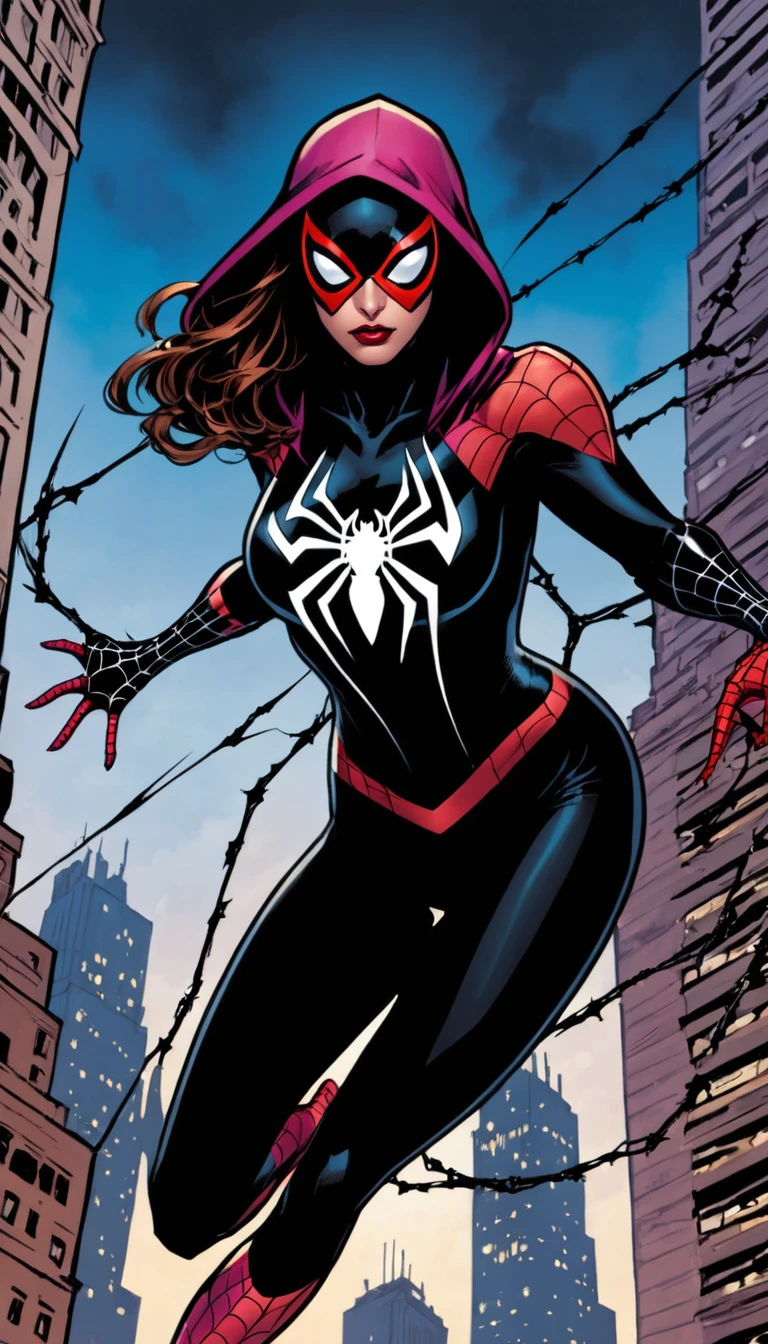 gothic style spider girl, solo, looking at viewer, wearing black with white and pink, spiderman symbol on chest, flying through the sky, fight pose, hooded body suit, marvel comics, shooting webs from wrists, outdoors, between sky scrapers, dark, mysterious, haunting, dramatic, ornate, detailed