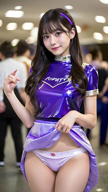 Highly detailed CG Unity 8K wallpapers, Highest quality, Very detailed, masterpiece, Realistic, photo Realistic, Very detailedかわいい, 20-year-old, Anatomically correct fingers、Perfect Fingers、(((Do-it-yourself skirt lift:1.2))), (Lift it yourself), Small white string panties、((blush)), ((Gaze Here))、(((Confused expression:1.4)))、((Shiny purple enamel costume:1.2))、Pleated mini skirt、Japan、motor Show、Convention Hall、Beautiful lighting、Jet Black Hair、Long Hair、(showing panties yourself)、((Enamel costume))、((Shiny Costume))、Headband