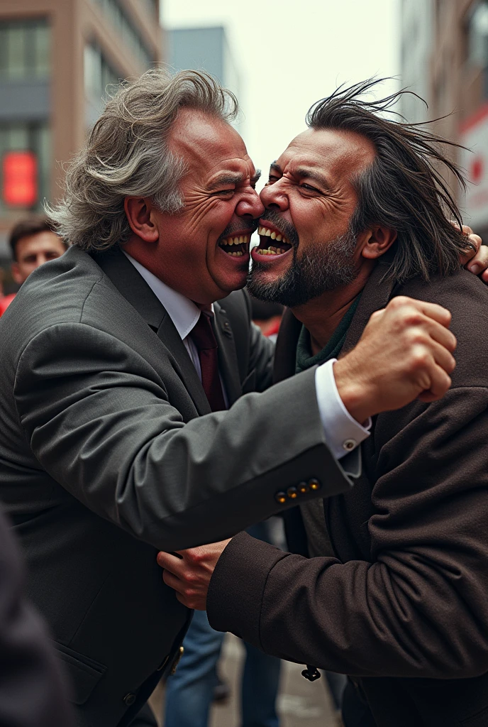 Doug Ford being punched in the face while a crowd cheers in the background. We see the fist connect with Doug Ford's jaw. We see his face being contorted by the fist. We see teeth flying out of his mouth from being punched. He is not being hugged he's being punched. A homeless vagrant is punching him. The vagrant is missing teeth and has long unkempt grey hair. The vagrant is angry.