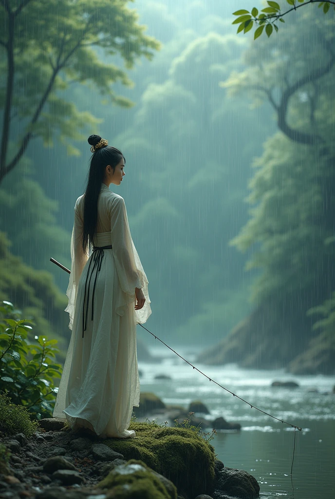 "Personality traits"Ancient Chinese women of the Hanfu period"Very detailed images,,"A wide view shows the details of the vast forest. She is completely soaked..,Wearing a thin white villager's outfit, standing by the river to fish while it's raining.