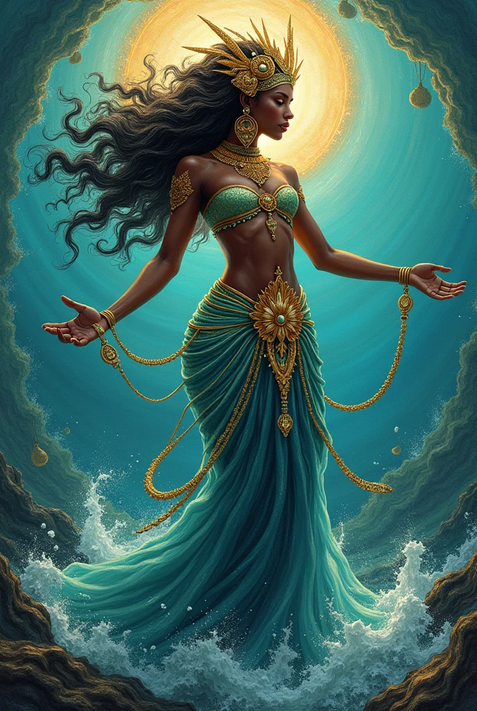 Drawing of Yemanja as a full-body goddess, Showing legs. With characteristics of orixá