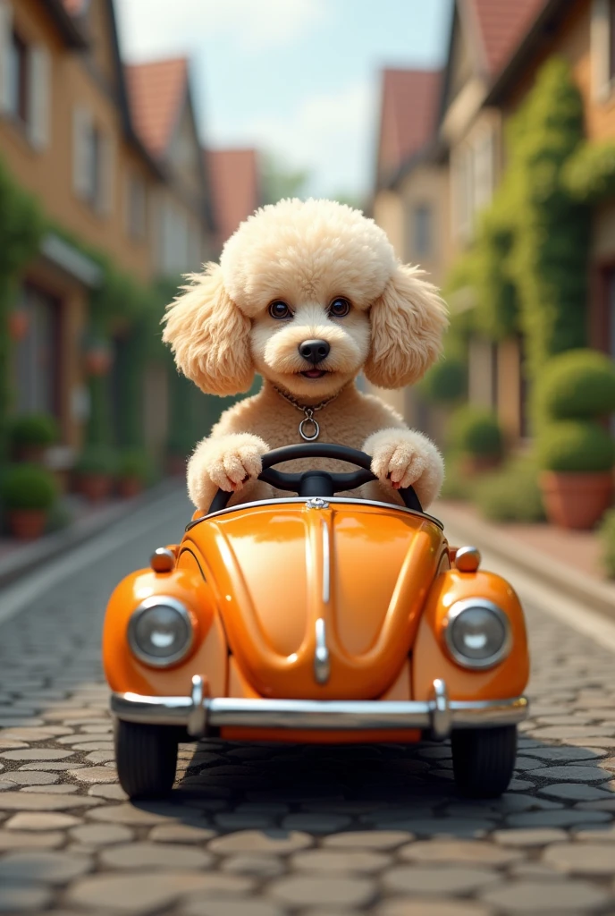 A poodle driving a mini car