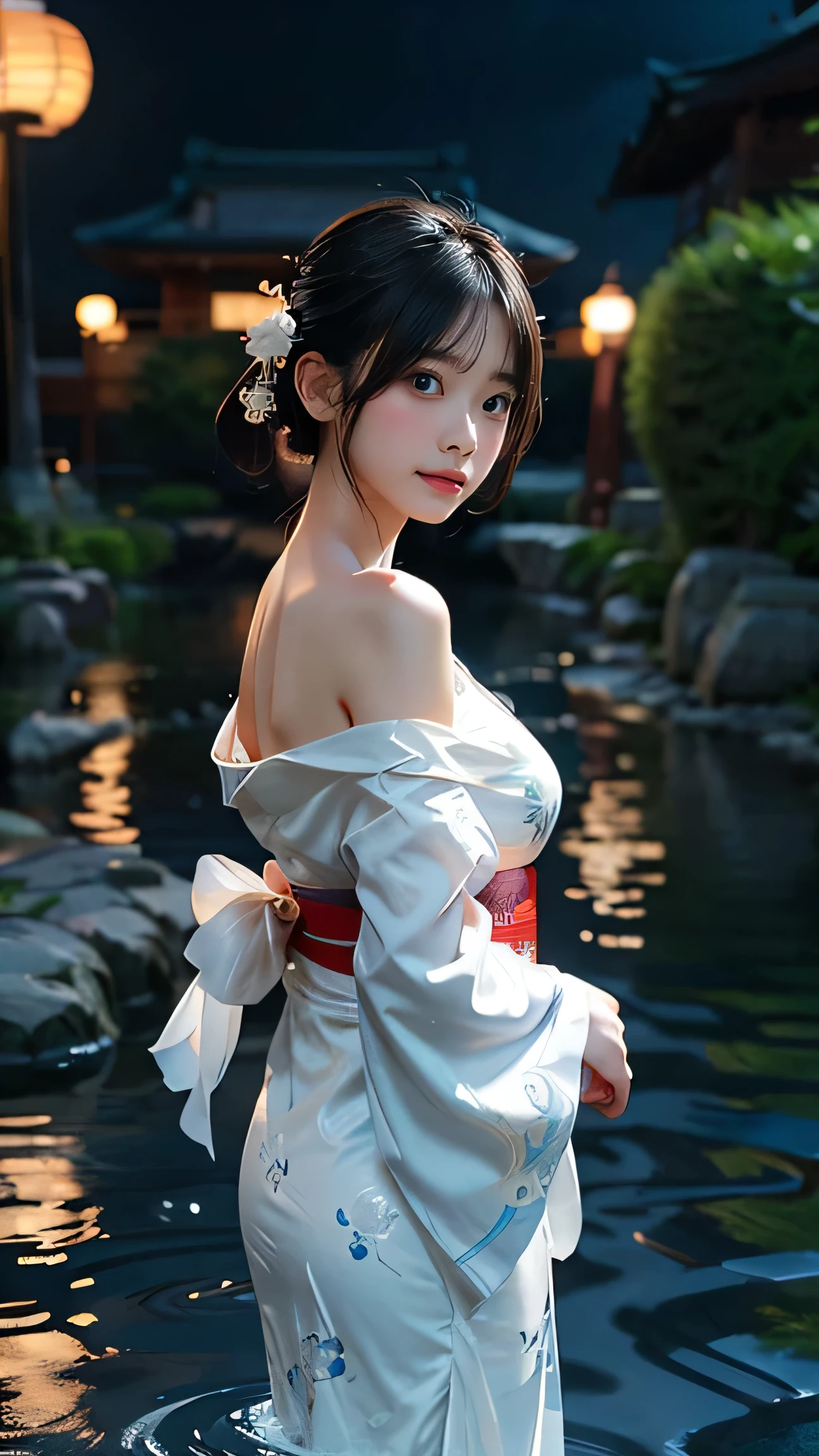 Highest quality,Realistic,masterpiece,detailed,High resolution,Cute , 1girl, breasts, moon, lantern, night, solo, large breasts, hair ornament, wet, kimono, japanese clothes, wading, water, hair flower, flower, outdoors, sky, full moon, rain, black hair, off shoulder, mountain, cloud, holding, sash, bare shoulders, paper lantern, standing, white kimono, night sky, sideboob, obi, wet clothes, bangs, tree, from side, reflection, short hair, cloudy sky, wet hair {{(masterpiece),(extremely detailed CG unity 8k wallpaper),best quality,,solo,1girl,cinematic lighting,detailed background,beautiful detailed eyes,bright pupils, (an extremely delicate and beautiful),(Beautiful and detailed eye description), ultra-detailed,masterpiece,}},