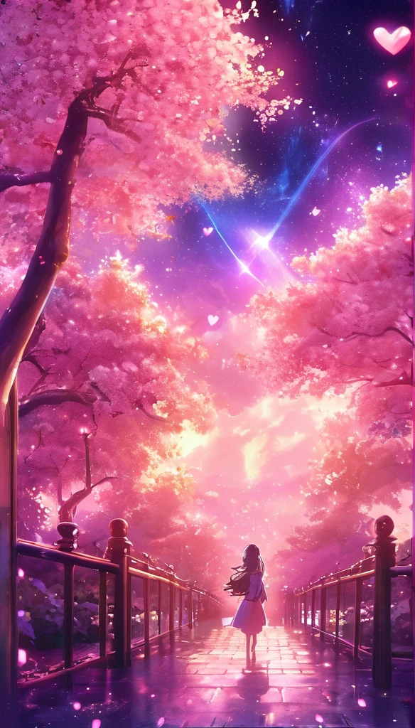 masterpiece, Concept Art, Panorama, in the center, shape, Wide Shot, garden, night, (meteor), Space galaxy background, (Great composition, Epic scale), Dynamic Lighting, Bright colors, cherry blossoms,1 Girl,Glowing light particles、heart、heart、love affair