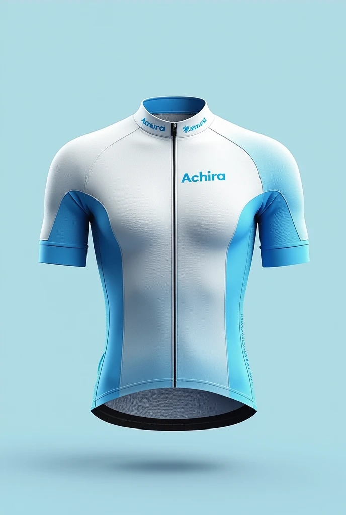 Create a cycling jersey with the latest fashion designs,  with the colors white and light blue, The image must contain the front and back view of the jersey , and must contain on the back the logo of a guinea pig and on the front the word achira in the upper right part
