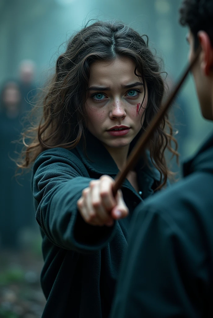 A woman with wavy dark brown hair and blue eyes pointing her wand at a man from behind, she was crying.