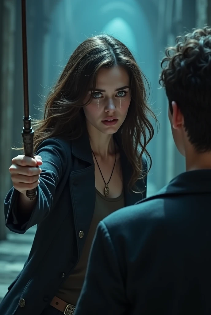 A woman with wavy dark brown hair and blue eyes pointing her wand at a man from behind, she was crying.