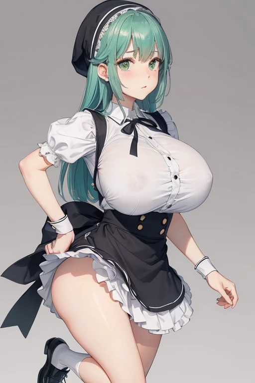 (girl1),(woman1),(Solo portrait of a girl:1,5),(slender body),(structured),(hot),(mature and sexual body),(big ass), (mature and sexual body ), (slender body), (physical attributes such as large breasts and ass), (anime), (white skin color), (super mega hyper gigantic breasts: 1.5), (with long green hair), (green eyes ),(an 18 year old woman, with white socks),(wearing),+,(Dress:** Generally knee-length or below, with a cut that emphasizes the waist. * **Sleeves:** Long or short, and may have cuffs with details such as ruffles or lace. * **Apron:** An additional piece, usually with ruffles at the bottom and tied at the waist. * **Collar:** Rigid or soft, often with details such as lace or ribbons. * **Beanie or cap:** A head accessory that can vary in style, from the simplest to the most elaborate. * **Socks and shoes:** White socks and dark shoes (like oxford or mary jane) are common choices. **Fabrics:** * **Cotton:** As it is a breathable and resistant fabric, it is often used in work uniforms. * **Linen:** Another natural fabric, known for its durability and freshness. * **Lace:** Used for decorative details, such as on the collar, cuffs and apron. **Colors:** * **White:** The most common color, associated with cleanliness and purity. * **Black:** Often used for details such as bands, buttons and shoes, creating a contrast with white.),(Super short skirt:1.5)