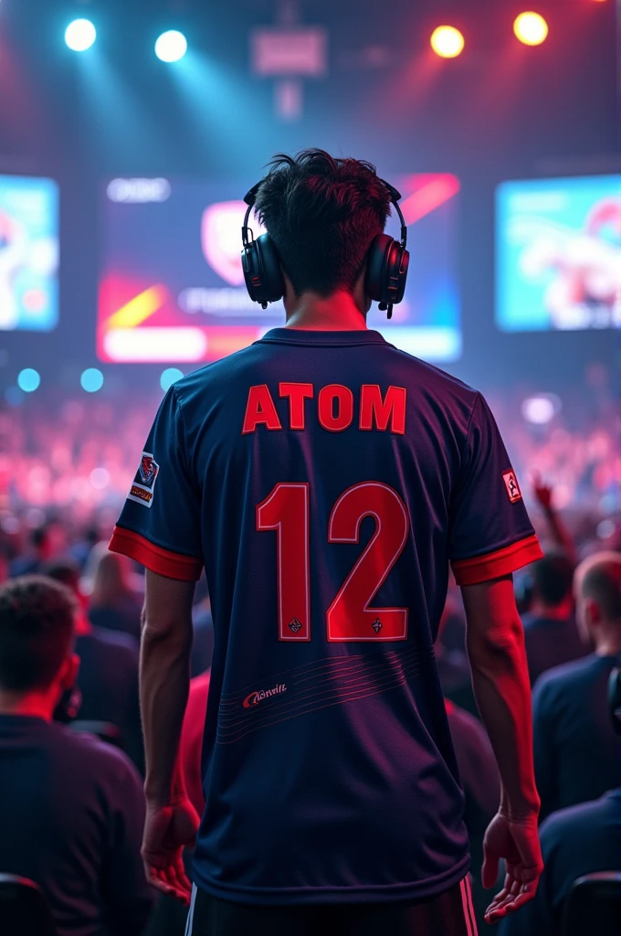 eSports player with Jersey number 12 and player name ATOM on the back jersey
