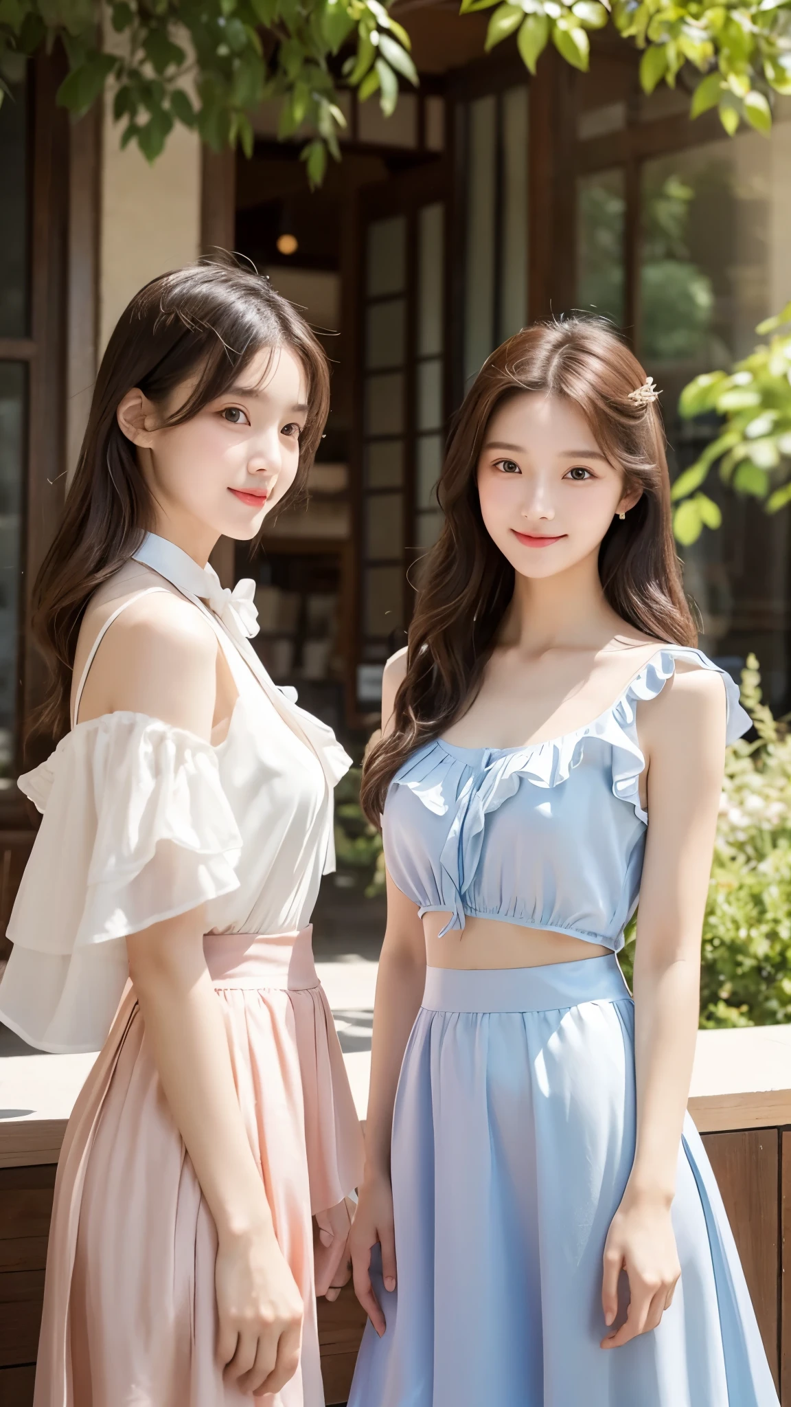 Young, beautiful women, around 20 years old, with china-like faces and casual natural make-up, are on a café terrace in the soft, warm sunlight. The women are wearing elegant, soft silk satin bow-tie blouses in pastel colours with delicate ruffles on the bust and collar, combined with flared skirts to show off their slender figures. The girls are highlighted by bright, expressive eyes and radiant smiles.