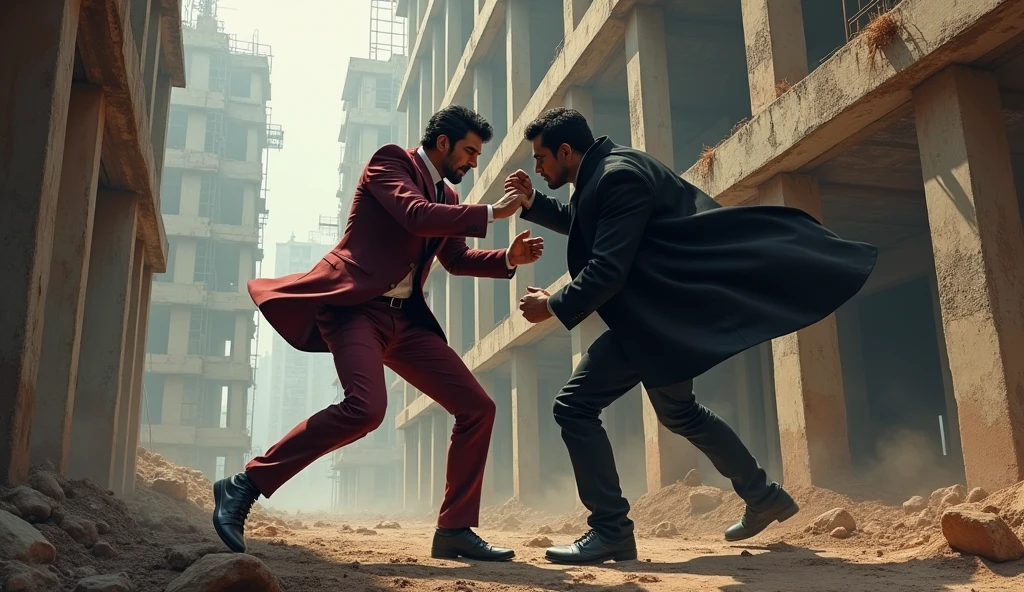 Below an Indian under construction building, two men are fighting in action, one of them is 2, his name is Vicky, he is wearing maroon coloured 3 pieces and the other one is 2, his name is Vicky, he is wearing black jeans and black overcoat like a villain.