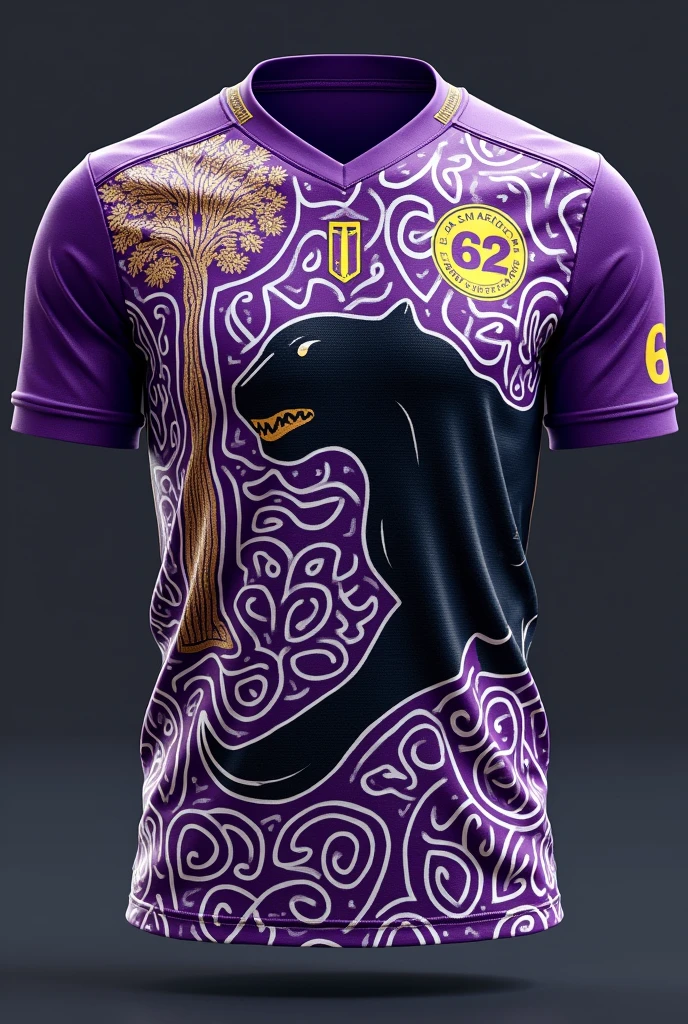 Purple and white football shirt Details:indigenous paintings of the Tupi Guarani tribe all over the blouse in white color Panther in black outlined with gold Number 62 on the upper right side and a golden tree on the upper left side 