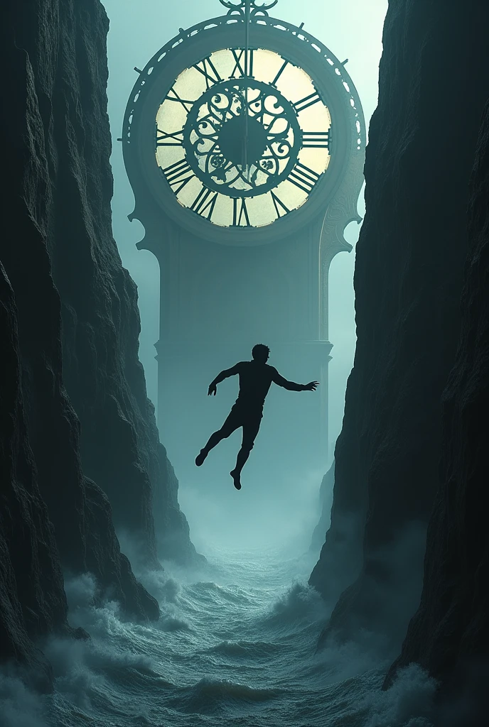 Silhouette of man falling into water from a cliff with an antique clock in the background