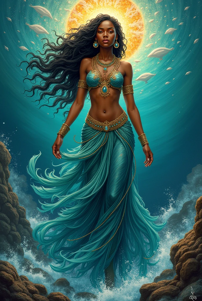 Drawing of Yemanja as a full-body goddess, Showing legs. With characteristics of orixá