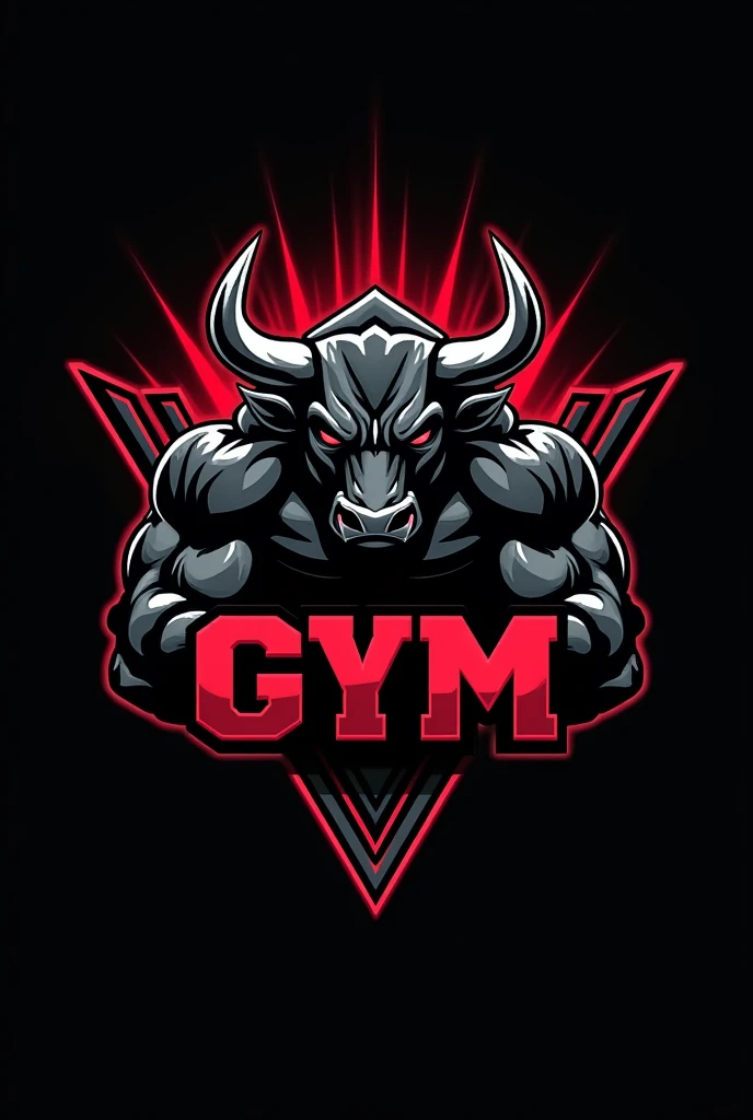 Design a powerful and dynamic logo for a gym brand featuring a strong, muscular bull as the central figure, symbolizing strength, power, and determination. The bull should have well-defined muscles, with a stance that conveys energy and dominance, embodying the essence of fitness and strength training. Use sharp, angular lines to emphasize the bull's muscular build and add a sense of intensity. Incorporate bold, dark tones like black, deep red, or metallic gray to create a fierce and commanding presence. The logo should include the word 'GYM' in a bold, modern font that complements the aggressive and energetic vibe of the design