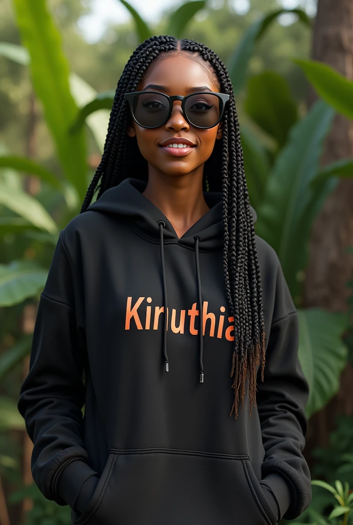 (photorealism:1.2), beautiful black African woman,22 years,baby face,sharp boobs, smiling,wearing a fitting hoodie written "KINUTHiA",long braids, black oversized photo chromatic glasses with grey lenses, standing , realistic intricate details,plants in background.Cardi B inspiration