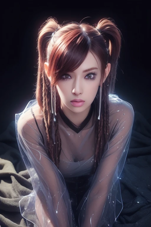 (((Anatomically correct)))、((Soaked clothes:1.8))、(It gets wet and sticks to the skin　See-through clothing:1.8)、(Camera angle from the side)、High-quality work，Realistic works，Super premium graphics，8K HD CG works，high quality graphics，High-definition and exquisite CG works，10x pixels，Ultra-fine details：1.1，Advanced technical details：1.1Realistic photo effects，Interior lighting effects：1.5，natural soft light：1.5. Light effect（Virtual light effects：1.8），Ultra-high resolution，shining dress，Cang，((Dreadlocks))、(red hair)，transparenthair，high detailed hair（Quality hair details：1.1）Clear eyes，Double eyelids look good，Sharp eye makeup, Create exquisite eyelash makeup, tthin eyebrows, Ultra-detailed eyes，a tall nose, lovely red lips, rosey cheeks, With delicate makeup on her face , pretty face, The face shape is perfectly proportioned,（Advanced facial details：1.1）"((Hyper-realistic)) cyborg, Sorayama-esque, ((glossy chrome body)), ((translucent glass limbs)), leather outfit, ((girl with attitude)), dynamic lighting, intricate reflections, ((edgy cyberpunk atmosphere)).，Women's artwork，Dress full body video，Reality，Amazing Cleavage，My eyes are very bri、((Random　Hairstyle))、(Twin tails)、((Random　Camera angle))、(Camera angle from above)、hair accessory、Amethyst hair accessory、((Red and silver gradient hair))、(Whole body shot)、Tattoo on shoulder、(5 denier shiny black stockings)
(On all fours)、((Extend your arms towards the viewer))、Bun Hair、