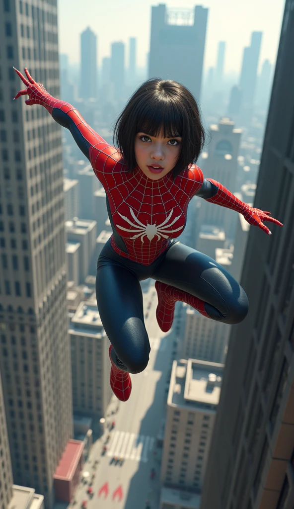 spider girl de cabelo liso, curto e com franja. When jumping from one building to another