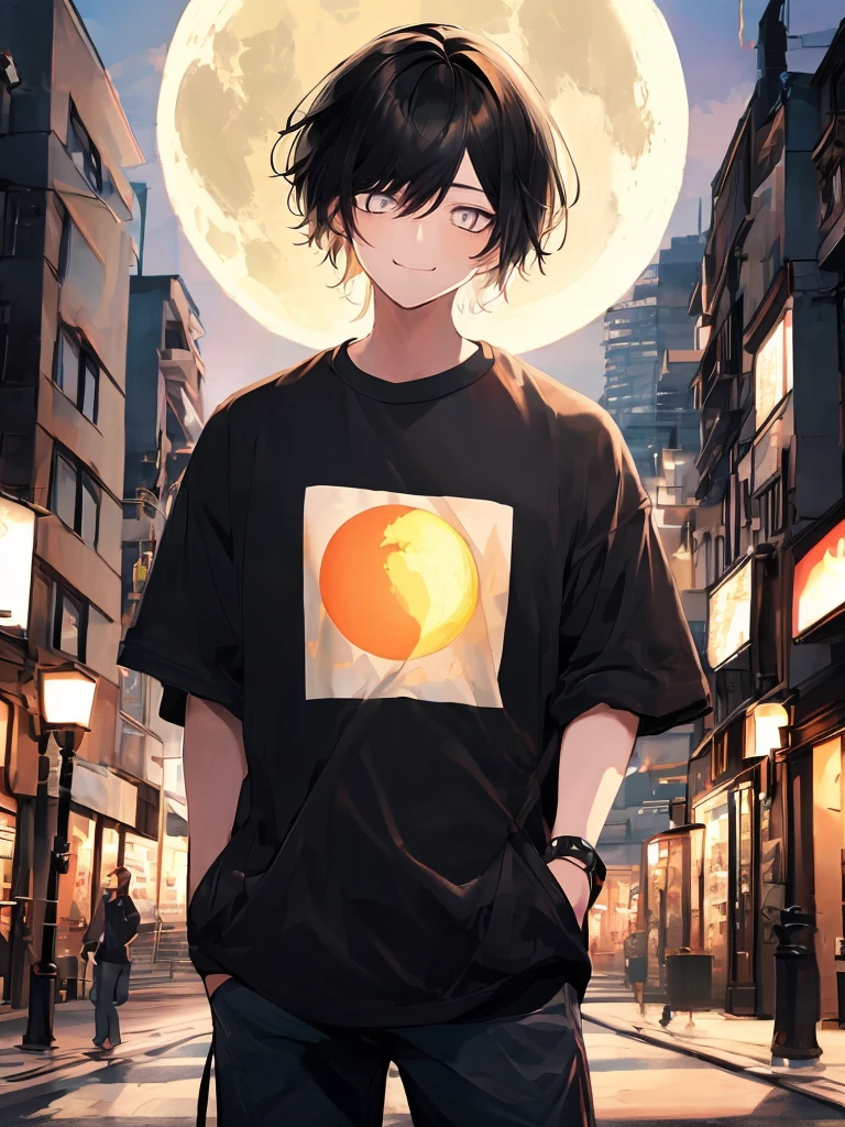 ((highest quallity, work of art, 4K, finely detailled, detailedeyes, face detailed, gelbooru, pixiv)), warm lighting, ((standing alone)), 1 men, bonitas, masculine, adult man, broadshouldered, close do rosto, ((black hair with white streak in the bangs), portraite, seducing smile. looking ahead at viewer, ((lazy eyes, half covered, white eyes with white pupils)), wearing modern clothes, a black t-shirt with a moon design, black zaquets, standing, hands in pockets, ((black hair with white streak in the bangs, shorth hair, shaggy hairstyle, Messy hair)), city background